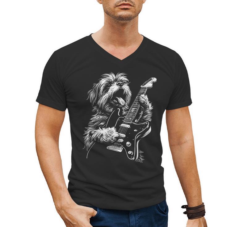 Shih Tzu Dog Playing Electric Guitar Rock Dog Dad Men Women Kids Men's V-Neck T-Shirt