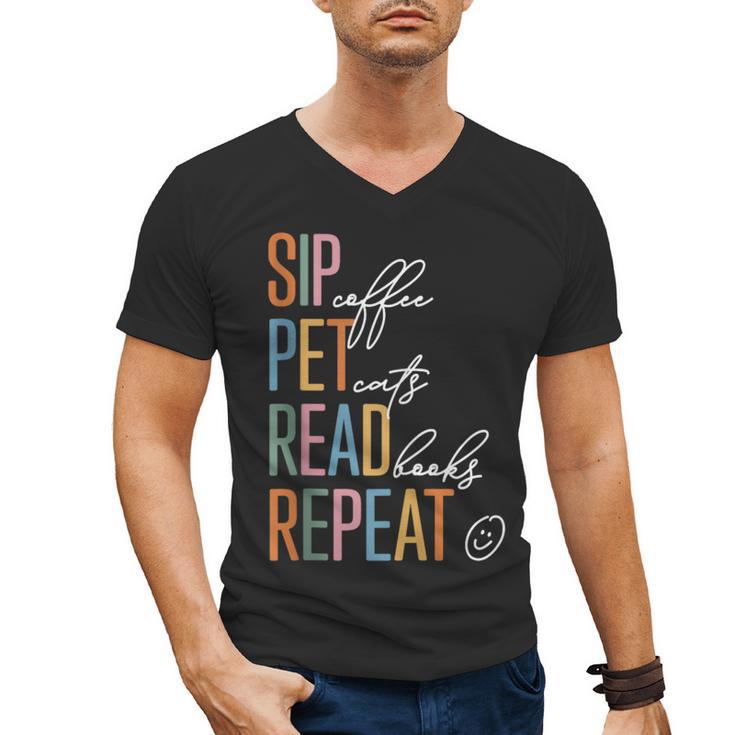 Sip Coffee Pet Cats Read Books Repeat Book Cat Lover Men's V-Neck T-Shirt