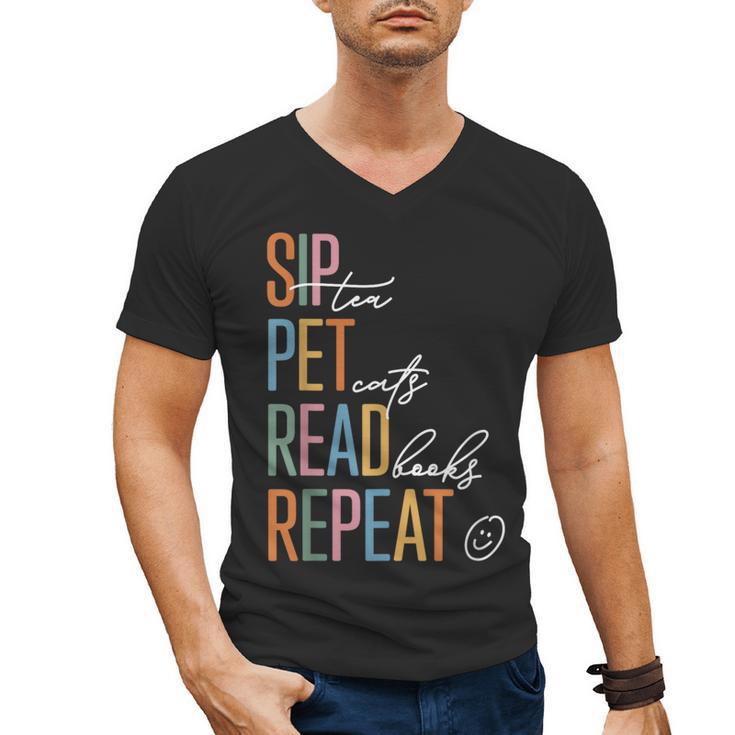 Sip Tea Pet Cats Read Books Repeat Book Cat Lover Men's V-Neck T-Shirt