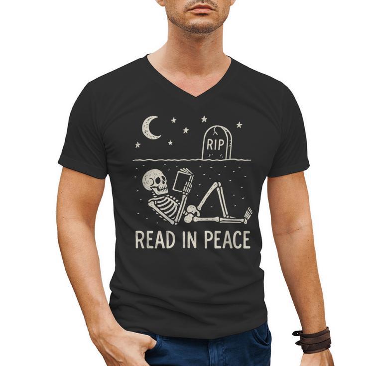 Skeleton Read In Peace Halloween Book Graphic Bookish Men's V-Neck T-Shirt