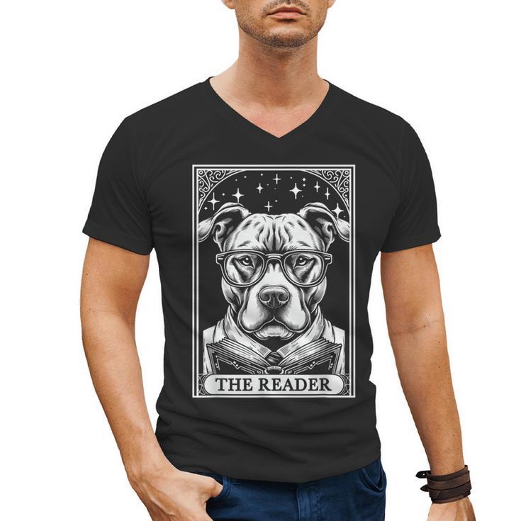 Tarot Card Vintage Pit Bull Pittie Dog Book Lover The Reader Men's V-Neck T-Shirt
