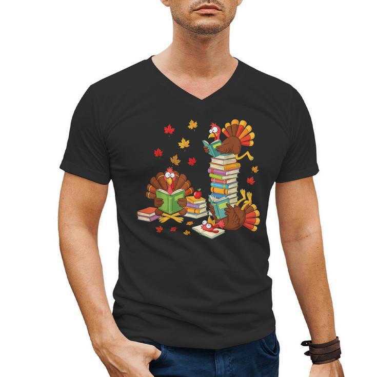 Turkey Reading Books Fall Librarian Book Lover Teacher Kids Men's V-Neck T-Shirt