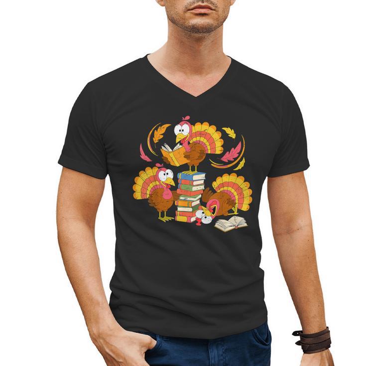 Turkey Reading Books Fall Thanksgiving Teacher Librarian Men's V-Neck T-Shirt