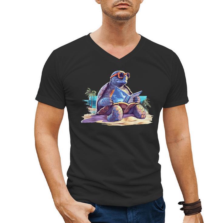Turtle Wearing Sunglasses Reading A Book On The Beach Summer Men's V-Neck T-Shirt