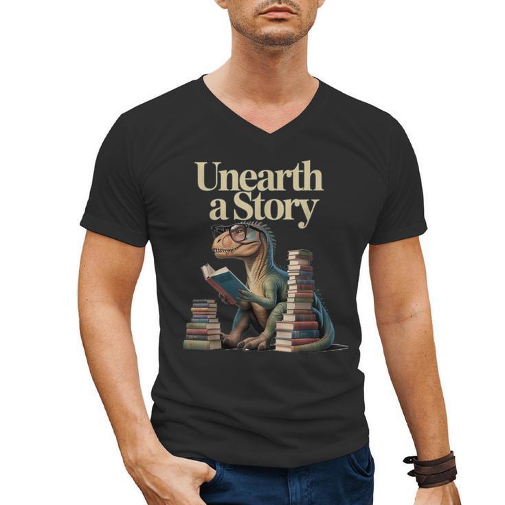 Unearth A Story Dinosaur Reading a Library Book Men's V-Neck T-Shirt