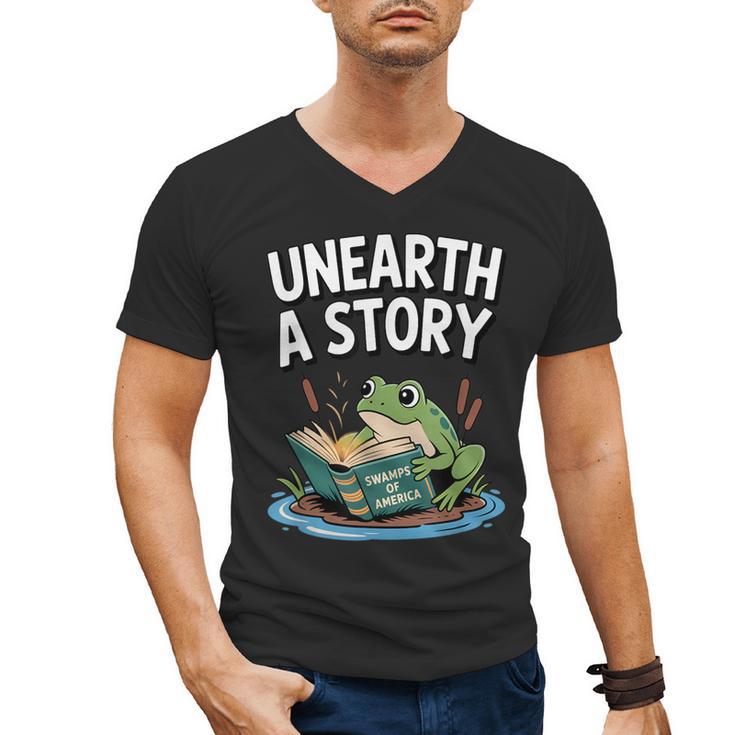 Unearth a Story Frog Reading a Book Summer 2026 Men's V-Neck T-Shirt