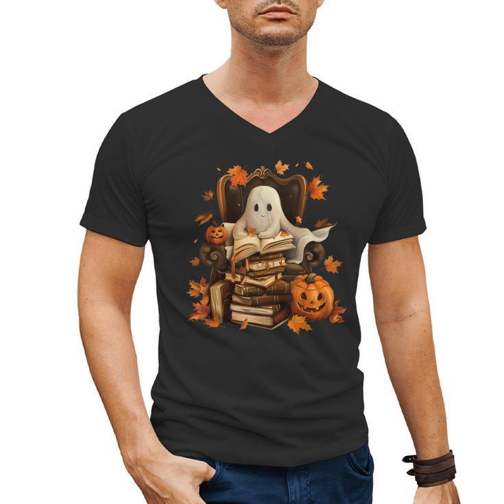 Vintage Ghost Book Reading Pumpkin Gothic Halloween Teachers Men's V-Neck T-Shirt