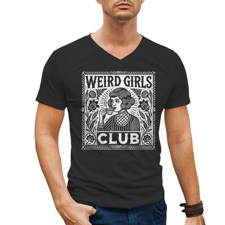 Weird Girls Club Vintage Linocut Retro Introvert Aesthetic Men's V-Neck T-Shirt