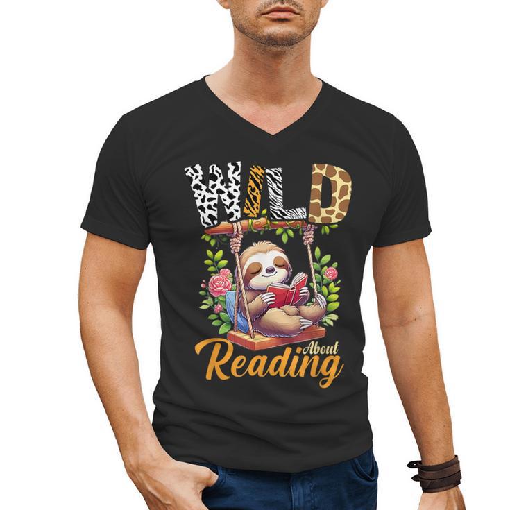 Wild About Reading Books Reader Lover Funny Teacher Animals For Men Women Kids Men's V-Neck T-Shirt