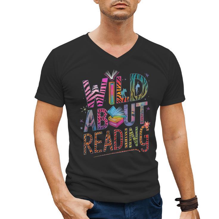 Wild About Reading Books Readers Lovers Bookworm Library Day Men's V-Neck T-Shirt