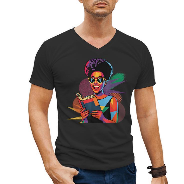 Woman Reading Book Lover Geometric Girl Afro History Men's V-Neck T-Shirt