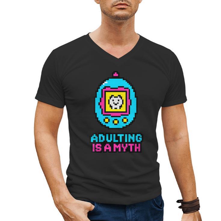 Women's Adulting Is A Myth Retro Pixel Pet Nostalgia Millennials Men's V-Neck T-Shirt