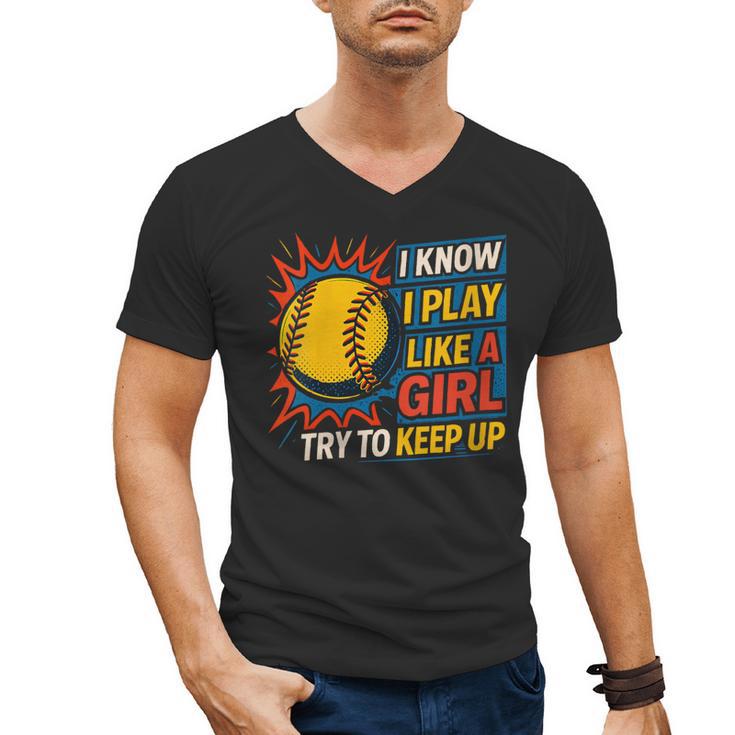 Women's Girls Softball Play Like A Girl Comic Book Pop Art Men's V-Neck T-Shirt