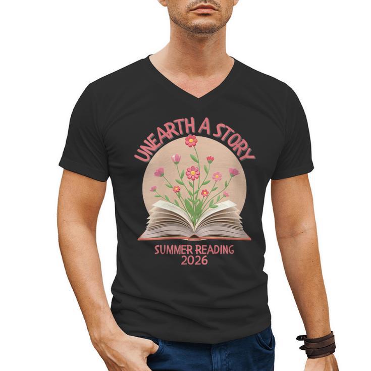 Women's Unearth a Story 2026 Summer Reading Program Flowers Book Men's V-Neck T-Shirt