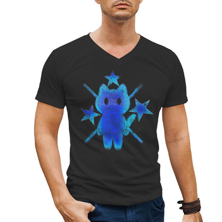 Yk2 Grunge Earthy Blue Cat With Stars Tomboy 90s Nostalgia Men's V-Neck T-Shirt