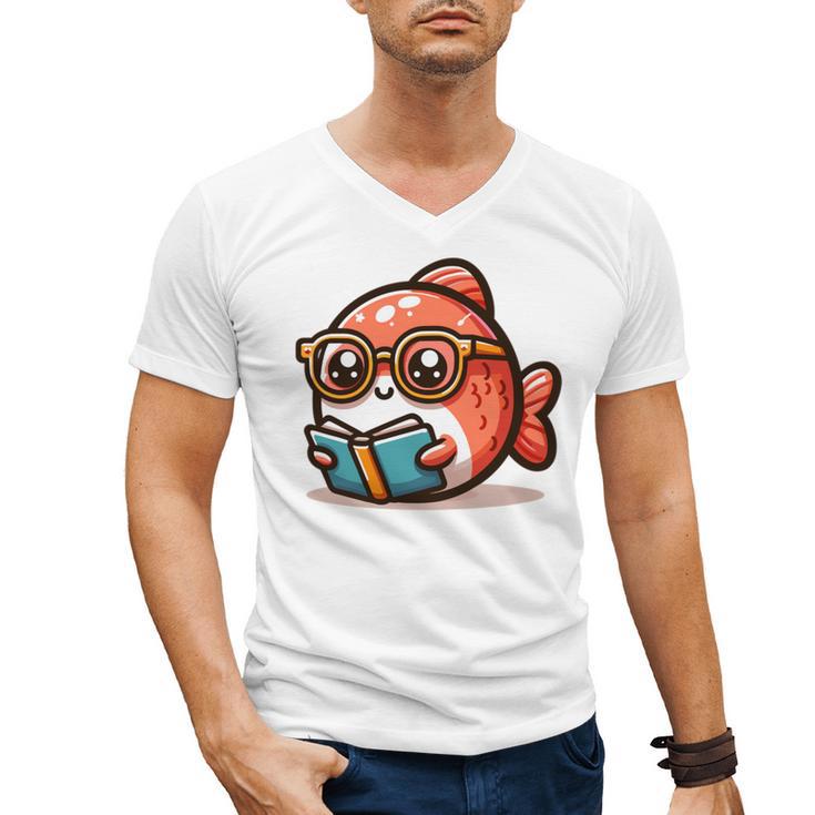 Adorable Book Lover Salmon With Reading Glasses Cute Men's V-Neck T-Shirt