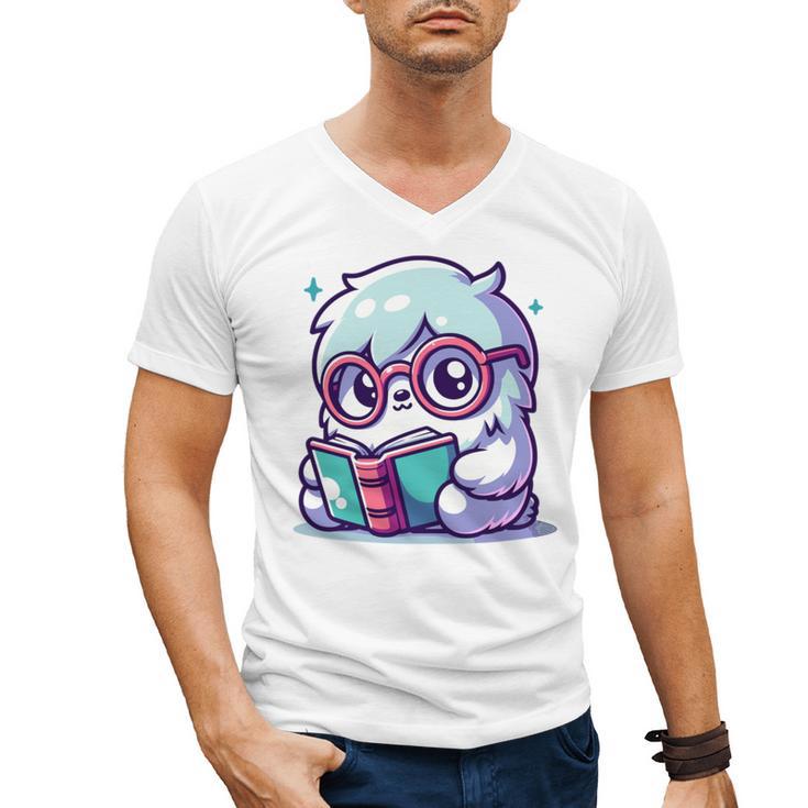 Adorable Book Lover Yeti With Reading Glasses Cute Men's V-Neck T-Shirt