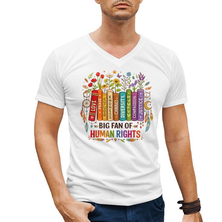 Boho Floral Book Big Fan Of Human Rights Liberal Protest Men's V-Neck T-Shirt