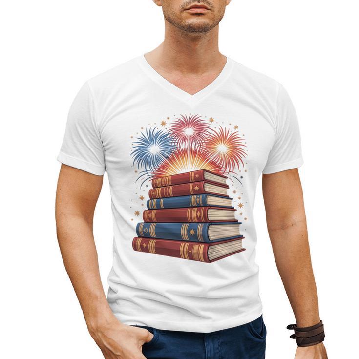 Books Fireworks 4th Of July Bookworm Patriotic Reader Men's V-Neck T-Shirt