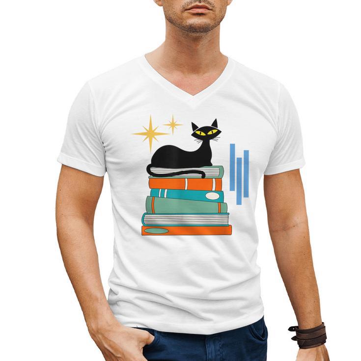 Cat And Books Retro Midcentury Mid Century Aesthetic Men's V-Neck T-Shirt
