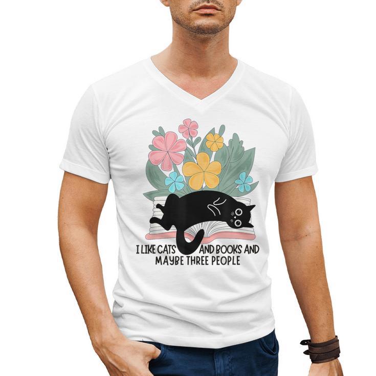 Cat Meme I Like Cats And Books And Maybe Three People Men's V-Neck T-Shirt