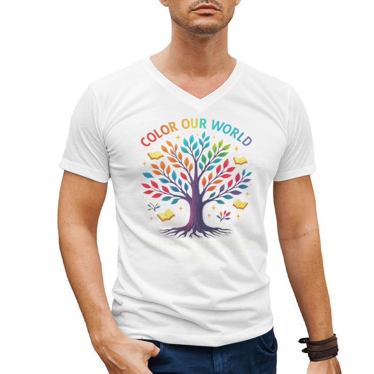 Color Our World Summer Reading Program 2025 Trippy Book Tree Men's V-Neck T-Shirt