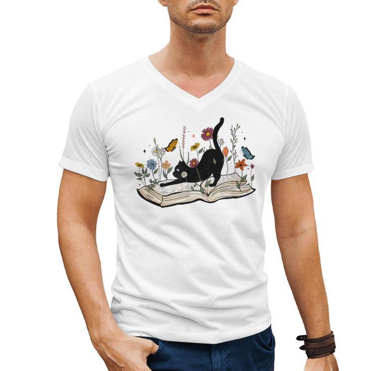 Cute Cat Flower Garden Book Kitty Reading Floral Men Women Girls Kids Men's V-Neck T-Shirt