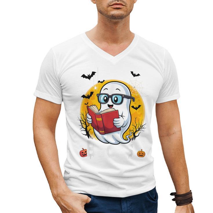 Cute Ghost Reading Book Retro Halloween Librarian Men's V-Neck T-Shirt