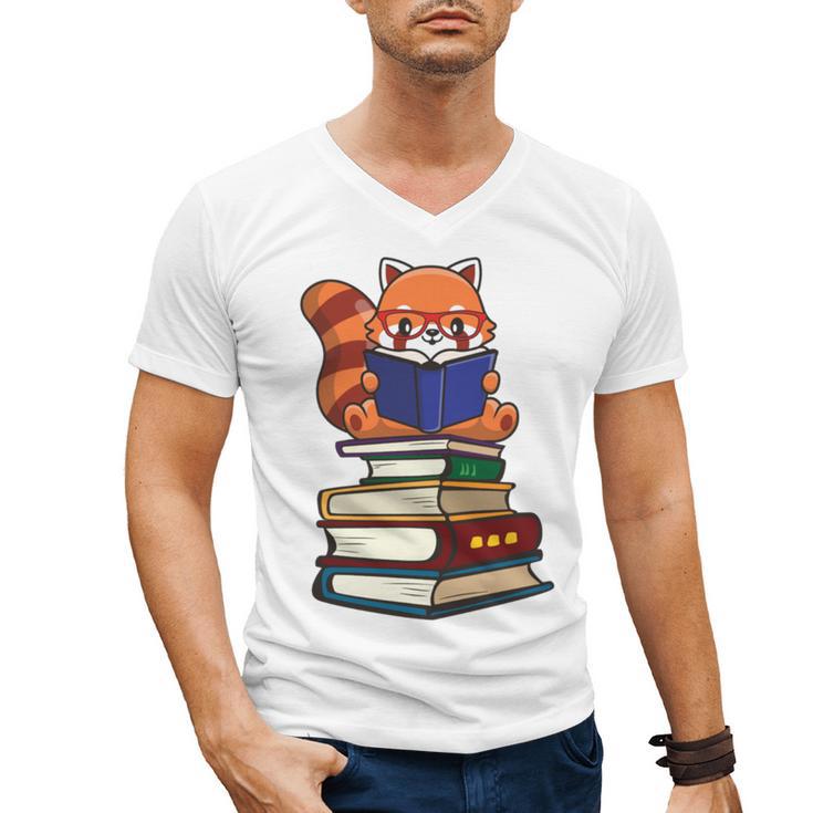Cute Kawaii Kids Reading Books Glasses Red Panda Lover Men's V-Neck T-Shirt