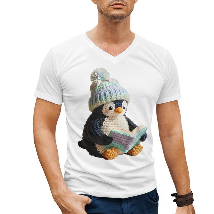 Cute Penguin Reading Book Faux-Crochet Print Men's V-Neck T-Shirt