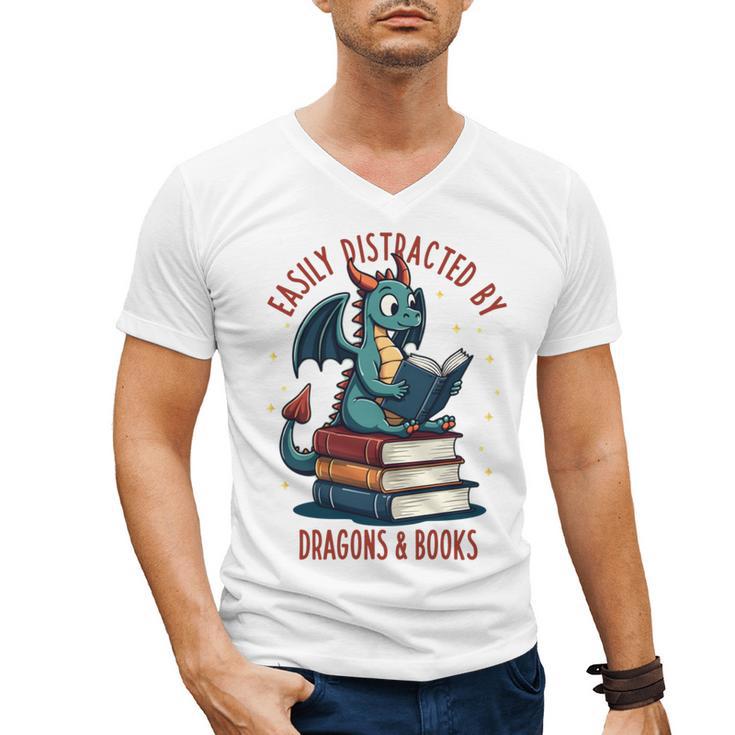 Dark Romance Romantasy Easily Distracted By Dragons & Books Men's V-Neck T-Shirt
