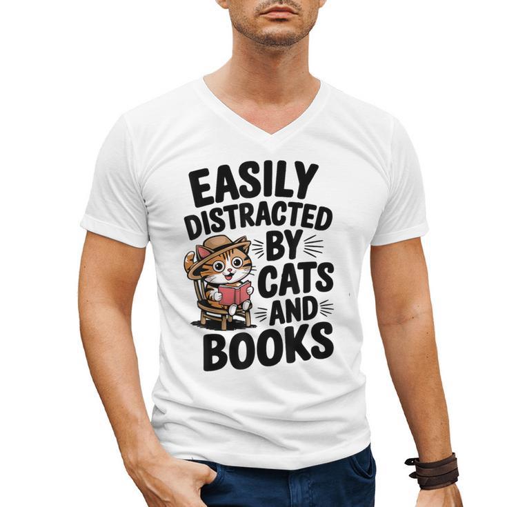 Easily Distracted By Cats And Books Lovers Reading Men's V-Neck T-Shirt
