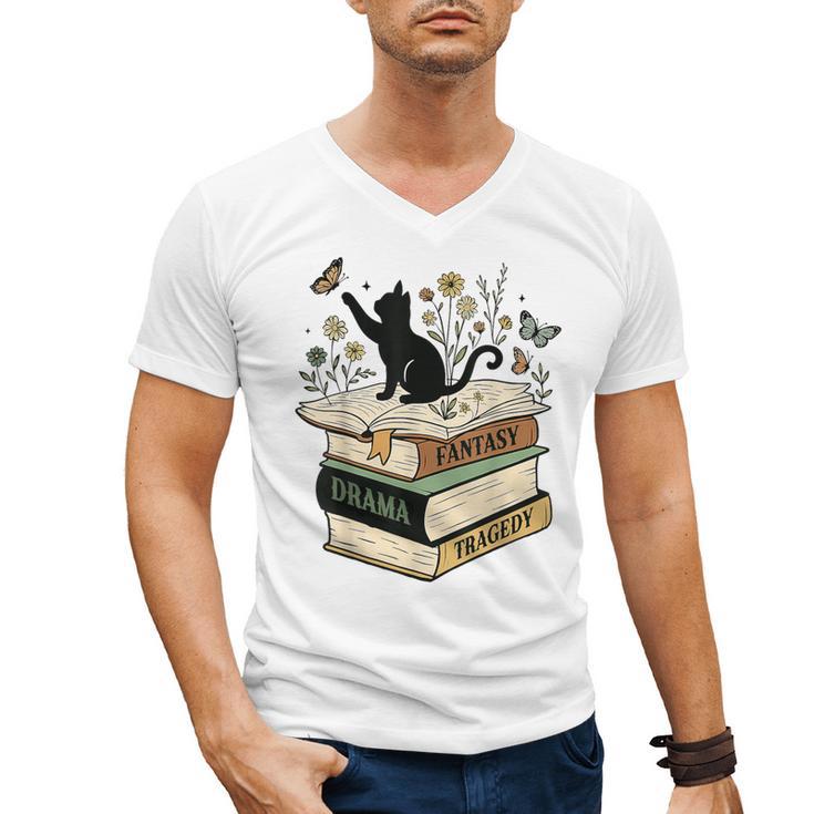 Fantasy Drama Tragedy Cat Book Lover Reading Humor Men's V-Neck T-Shirt