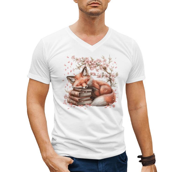 Fox And Book Lover Graphic For Women And Spring Pink Flower Men's V-Neck T-Shirt
