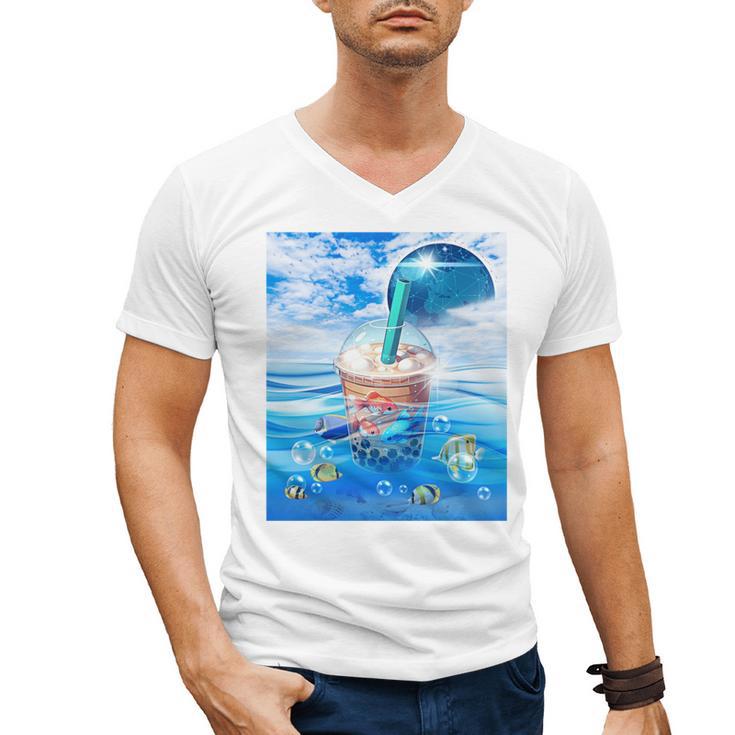 Frutiger Aero Aesthetic Tech Bubble Tea Boba Milktea Fishes Men's V-Neck T-Shirt