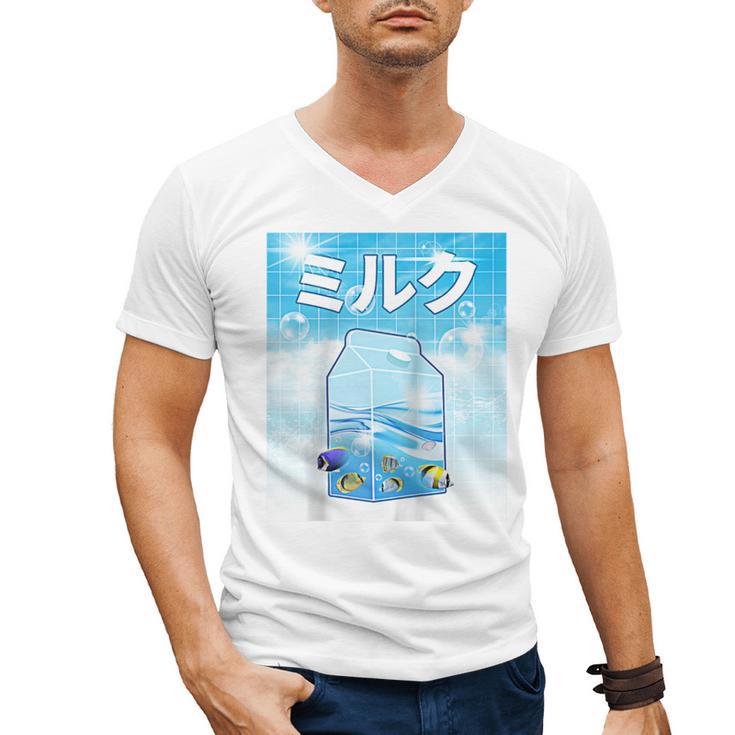 Frutiger Aero Aesthetic Tech Kawaii Milk Underwater Fishes Raglan Baseball Tee Men's V-Neck T-Shirt