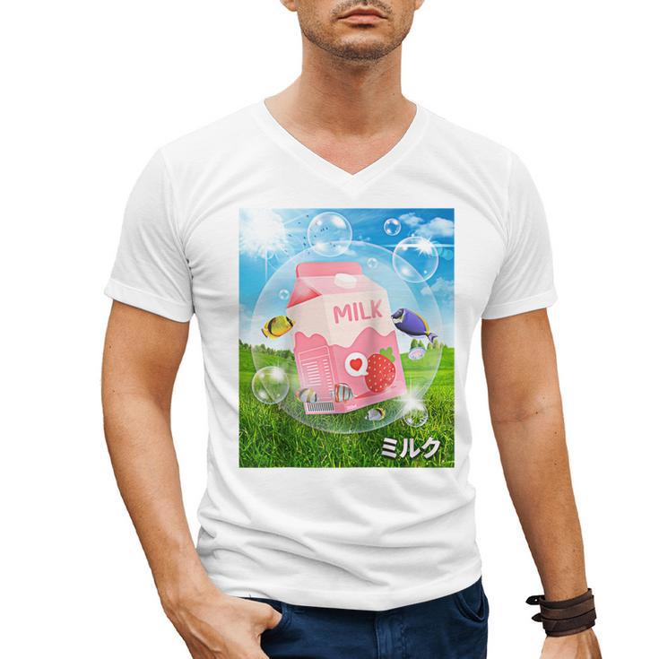 Frutiger Aero Aesthetic Tech Kawaii Strawberry Milk Fishes Raglan Baseball Tee Men's V-Neck T-Shirt