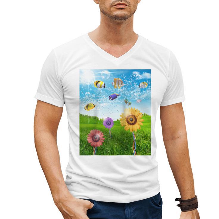Frutiger Aero Aesthetic Tech Scenery Fishes Sunflower Raglan Baseball Tee Men's V-Neck T-Shirt