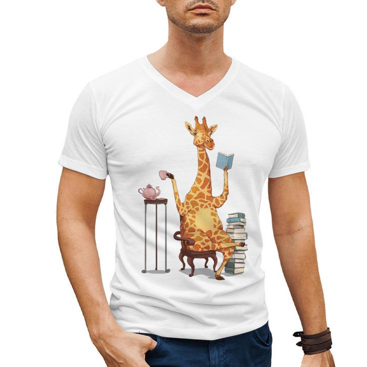 Giraffe Reading Tea Books Coffee Book Lover Graphic Men's V-Neck T-Shirt