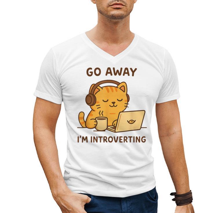 Go Away I'm Introverting Cozy Cat With Laptop And Coffee Men's V-Neck T-Shirt