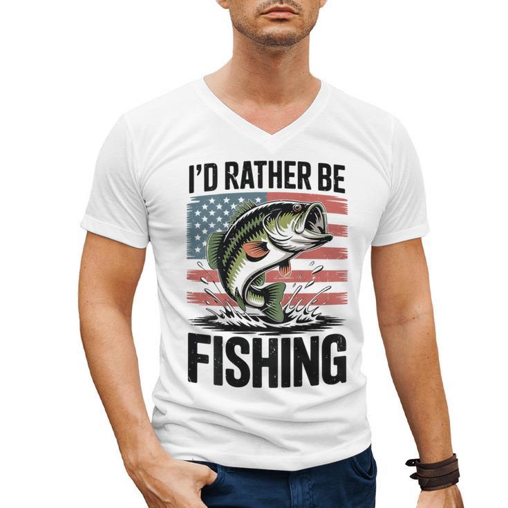 I'd Rather Be Fishing Bass Fish Dad Joke American Flag Men's V-Neck T-Shirt