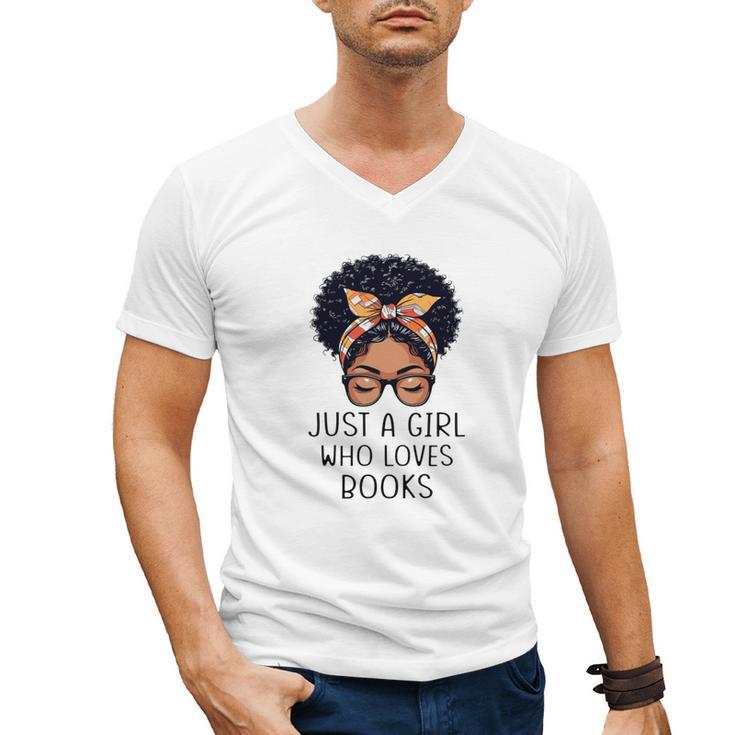 Just a Girl Who Loves Books Messy Bun Black Women Reading Men's V-Neck T-Shirt