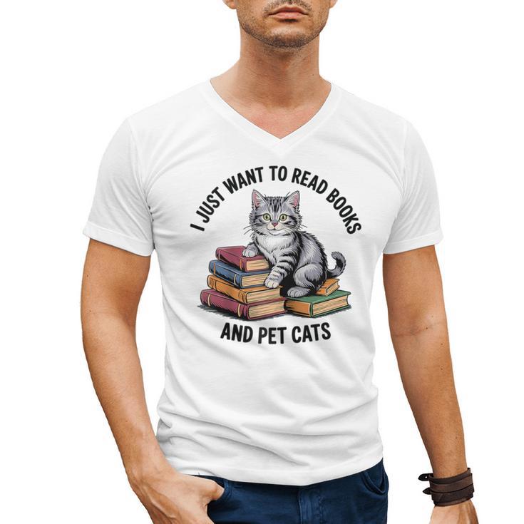 I Just Want To Read Books And Pet Cats Raglan Baseball Tee Men's V-Neck T-Shirt