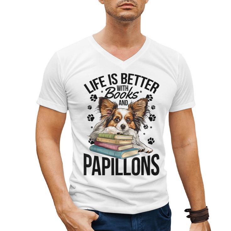 Papillon Dog Breed Life Is Better With Books And Papillons Men's V-Neck T-Shirt