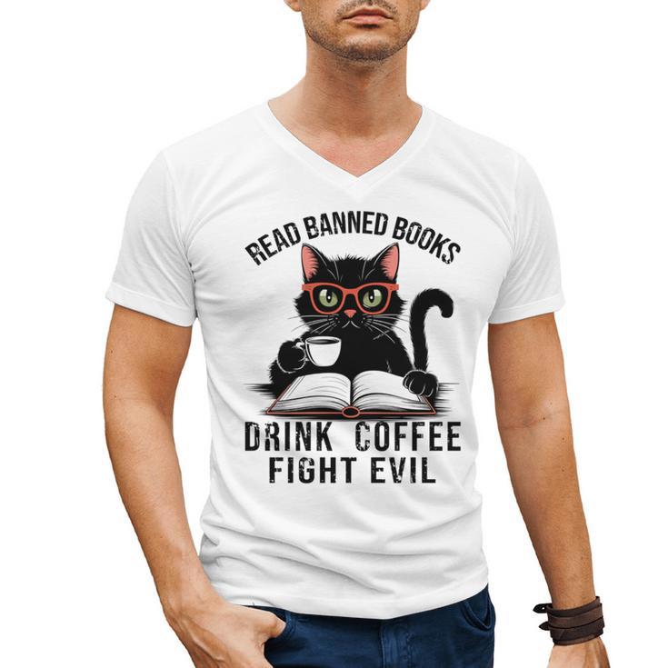 Read Banned Books Drink Coffee Fight Evil Retro Cat Men's V-Neck T-Shirt