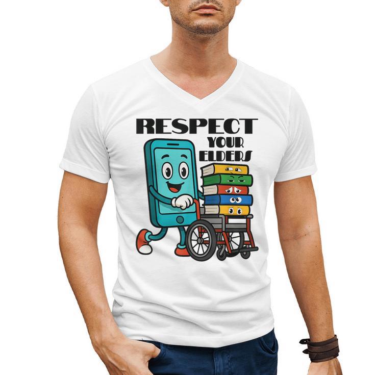 Respect Elders Cellphone Pushing Books In a Wheelchair Men's V-Neck T-Shirt