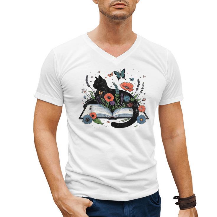 Retro Cute Cat Floral Book Librarian Vintage Floral Cat Book Men's V-Neck T-Shirt