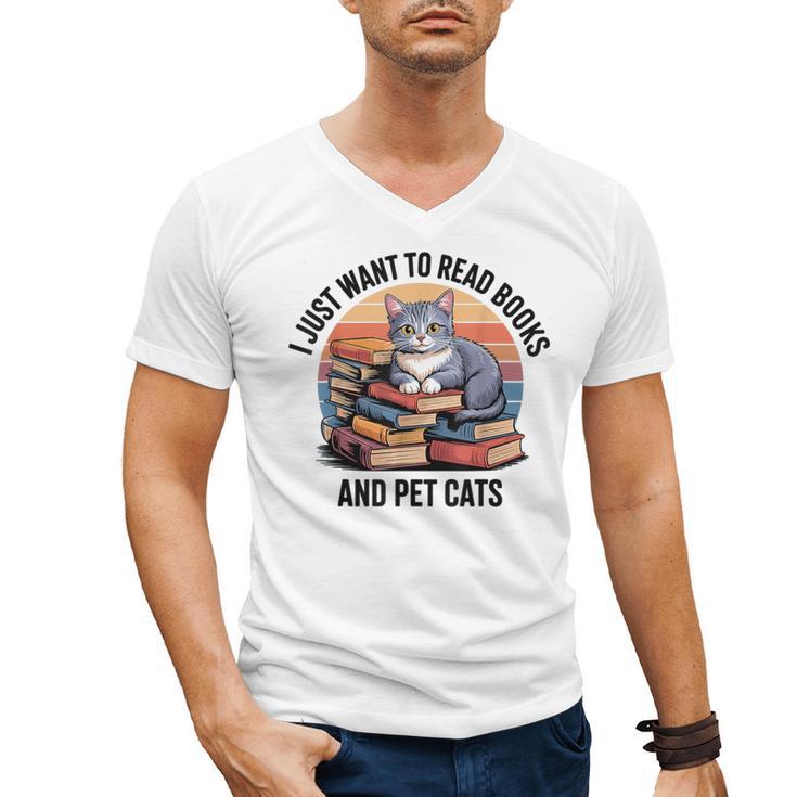 Retro I Just Want To Read Books And Pet Cats Cat Men's V-Neck T-Shirt