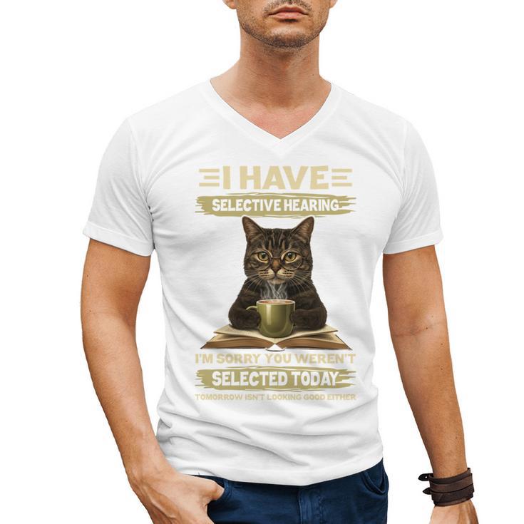 i Have Selective Hearing Cat Coffee Books Retro Men's V-Neck T-Shirt