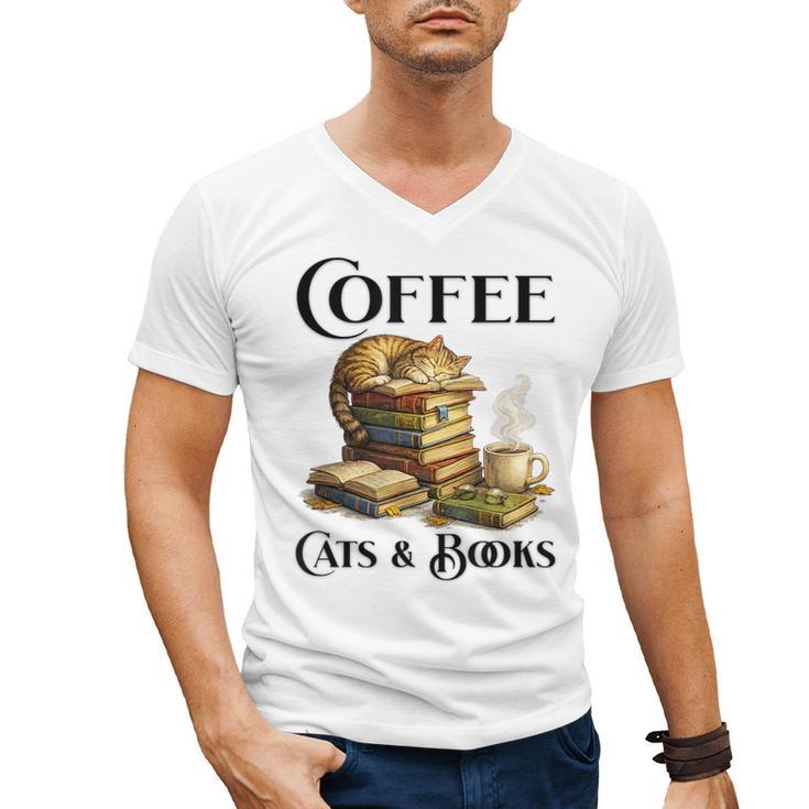 Sleeping Cat And Books With Coffee Lover Men's V-Neck T-Shirt